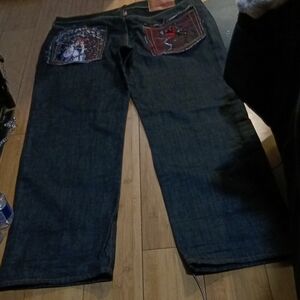 Vintage Red Monkey Men's Blue Jeans with Unique Pocket Design By Martin Ksosoh
